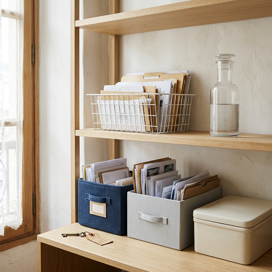 Près d’une fenêtre, une étagère avec des papiers rangés, une carafe et une clé en laiton.