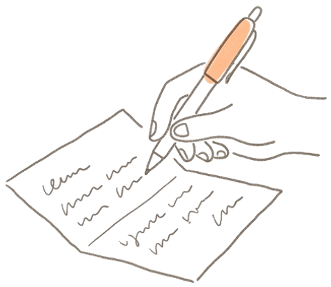 Une main rédige un courrier avec un stylo orange.